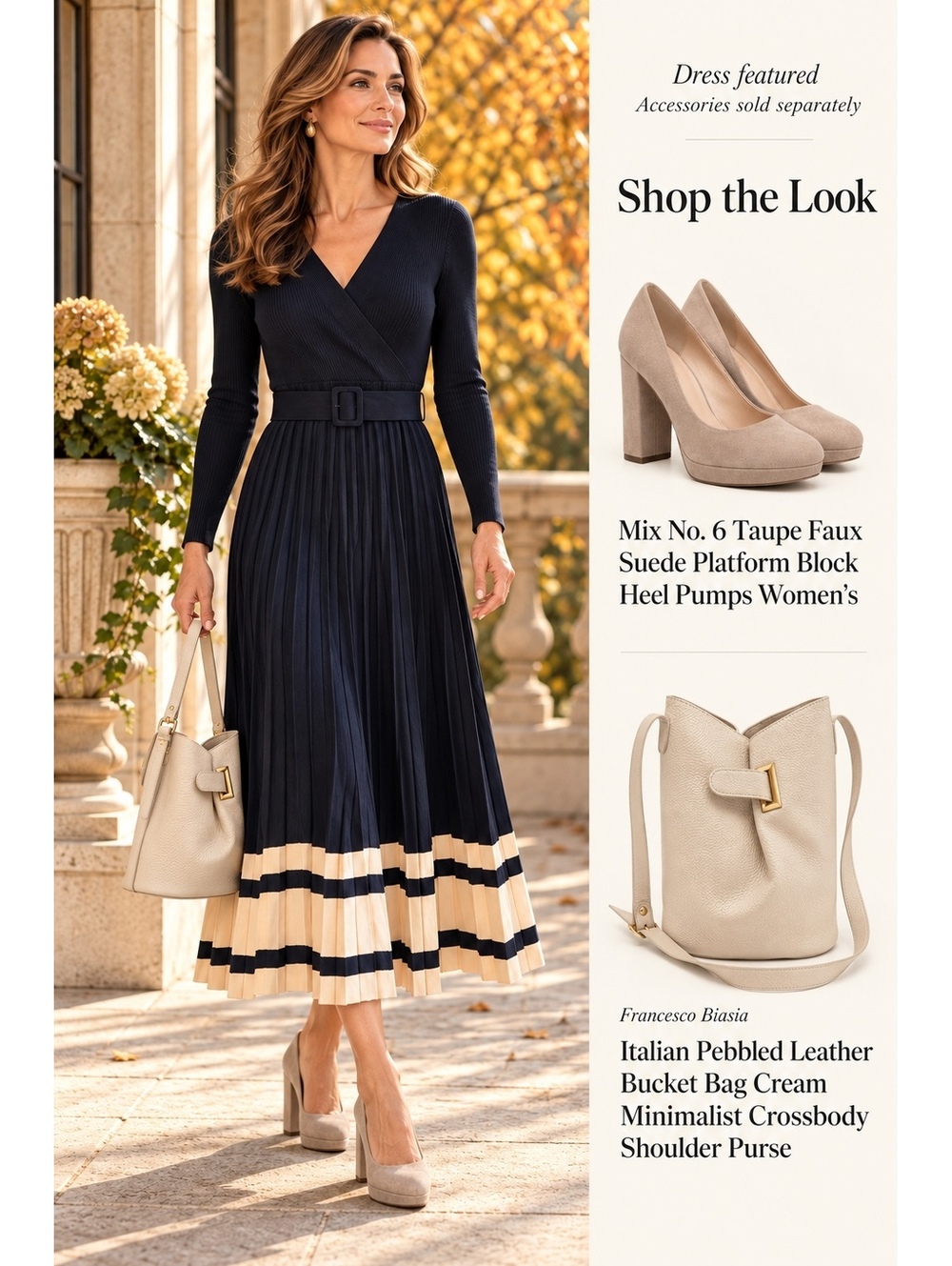 Icône Simons Navy & Cream Belted Pleated Knit Midi Dress Medium